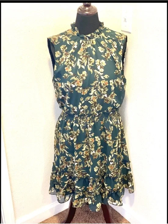 DREW Fern Floral Green Smocked Waist Sleeveless Mini Dress Ruffled M NEW $295 - Picture 1 of 5